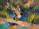 Eend in warm beweging in een bloementuin, schilderij van eend