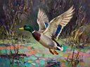 Eend in warm beweging tussen de grassen, schilderij van eend