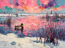 Eend in warm het landschap in de sneeuw, schilderij van eend