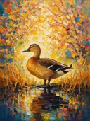 Eend in warm pose bij bloesem, schilderij van eend
