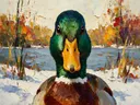Eend portret in diep de sneeuw, schilderij van eend portret