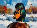Eend portret in donker de sneeuw, schilderij van eend portret
