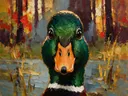 Eend portret tussen de bomen in amber, schilderij van eend portret tussen de bomen, met het paletmes geschilderd