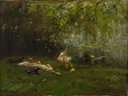 Eendenidylle van Willem Maris: dieren met eenden, water, riet en opvliegen, in donker groen met wit