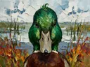 Eendenkop bij het rietmoeras, dieren schilderij