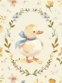 Illustratie van een eendje met blauw lintje in een bloemenkrans, kinderkamer schilderij