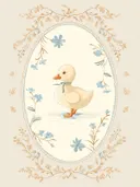 Illustratie van een eendje met strikje in een ovale bloemenlijst, kinderkamer schilderij