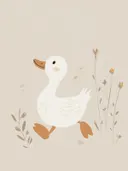 Illustratie van een eend tussen wilde bloemen in beige tinten