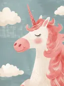 Schilderij close-up van een eenhoorn met roze manen tussen wolken