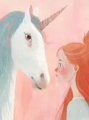 Schilderij van een close-up van een meisje en een eenhoorn die elkaar aankijken