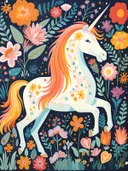 Witte eenhoorn met oranje manen en bloemversieringen tegen een donkere achtergrond vol bloemen.