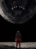 Astronaut in rood pak op de maan bij ruimtevaartuig