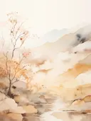 Waterverf landschap van een eenzame herfstboom bij een rivier met bergen op de achtergrond.