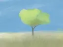 Aquarelillustratie van een alleenstaande boom in een grasland onder een blauwe lucht.