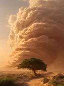 Schilderij van een eenzame boom voor een naderende zandstorm