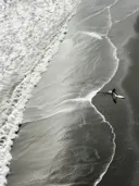 Zwart-witfoto van een surfer met surfboard op het strand gezien van bovenaf