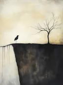 Minimalistisch schilderij van een zwarte vogel op de rand van een klif met een kale boom en waterval