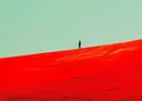 Minimalistische illustratie van een persoon die over een rode zandduin loopt met een mintgroene lucht