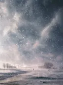 Schilderij van een wandelaar in een hevige sneeuwstorm aan zee