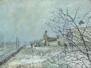 Eerste sneeuw bij Veneux-Nadon van Alfred Sisley: landschap met huizen en bomen