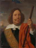 Egbert Meeusz Kortenaer (1605 65), luitenant admiraal der Admiraliteit op de Maze van Bartholomeus van der Helst: portret met man, rode mantel, commandostaf en kraag, in rood met donkerbruin