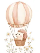 Schilderij van een egel in een luchtballon tussen madeliefjes, kinderkamer decoratie