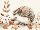 Egel bij een appel tussen herfstbladeren