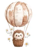 Schilderij met egeltje in luchtballon met madeliefjes