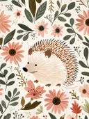 Schilderij van een egel tussen roze bloemen en groene bladeren