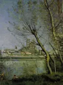 Eglise à Ville d'Avray J B van Jean-Baptiste Camille Corot: landschap met wilgen, water, kerk en weiland, in zachtgroen en lichtblauw