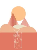 Grafisch schilderij van een Egyptische godheid bij piramide en zon