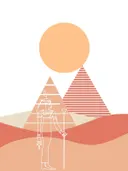 Grafisch schilderij van een Egyptische godheid tussen piramides