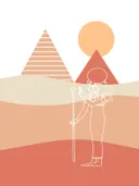 Grafisch schilderij van een Egyptische godheid in de woestijn