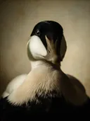 Studioportret van Eidereend van voren, tegen een geschilderd doek in creme