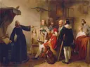 Ein Astrologe weissagt Rudolf von Habsburg van Carl Johann Nepomuk Hemerlein: figuren met mensen, zaal, astroloog en kostuums, in warm bruin met rood