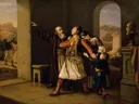 Ein griechischer Krieger nimmt Abschied van Leopold Loeffler: figuren met afscheid, krijger, zuilengang en gezin, in oker en rood