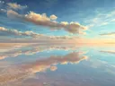 Schilderij van een zoutvlakte die de bewolkte lucht weerspiegelt