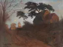 Eingang von Worpswede 1940 van Otto Modersohn: landschap met bomen, huizen, zandweg en herfst, in warm roodbruin