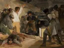 El tres de mayo de 1808 en Madrid van Francisco Goya: figuren met soldaten, executie, nacht en geweren, in donkerbruin met wit en geel