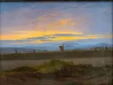 Elblandschaft (mit zwei Reisigsammlerinnen) ( ) WUS03286 van Caspar David Friedrich: landschap met zonsondergang, rivier, veld en wolken, in oranje en blauw