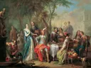 Elegant gezelschap aan de maaltijd in de tuin van Franz Christoph Janneck: figuren met gezelschap, wijn, muziek en tuin, in groen, rood en wit