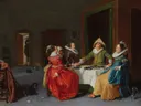 Elegant gezelschap van Hendrik Gerritsz Pot: interieur met gezelschap, tafel, kamer en hond, in gedempt grijs met rood