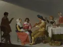 Elegant rokend en musicerend gezelschap in een interieur van Jacob Jansz van Velsen: interieur met muziek, viool, gezelschap en tafel, in gedempt grijs en rood