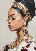 Elegante vrouw in profiel met gouden hoofdtooi en oorbellen