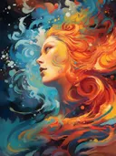 Vrouwenprofiel van vuur en water in oranje en blauw