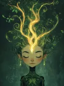 Elfachtig meisje met gesloten ogen, spitse oren en gouden lichtgevende haarstromen, groene achtergrond