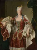 Elisabeth Farnese van Jean Ranc: portret met vrouw, rode jurk, hermelijn en kant, in roodbruin en wit