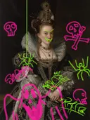 Graffiti-kunstwerk 'Elizabethaanse Vrouwe Graffiti Editie', klassiek portret met street-art overspoten