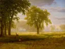 Elk in Oak Grove (Tuolumne Meadows) van Albert Bierstadt: landschap met herten, bomen, weide en eiken, in goudgroen