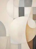 Abstracte compositie met grote ellipsvormen in crème, zand en goud.